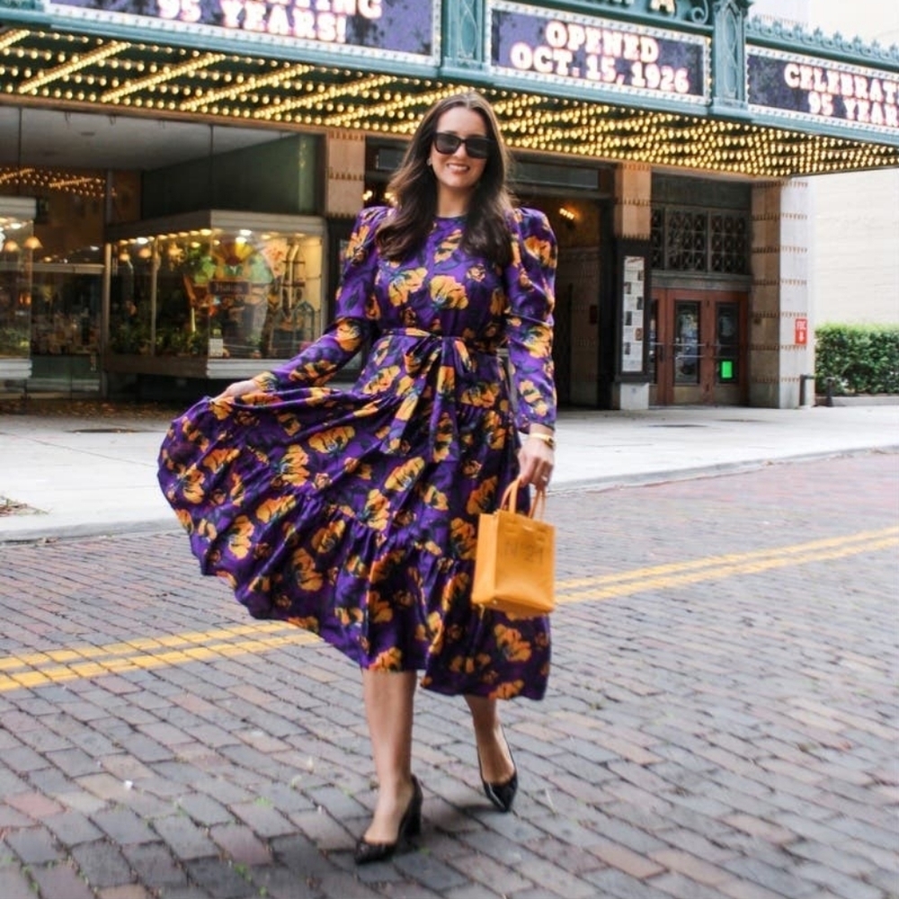 Purple Floral Midi Dress with Yellow Accents - Picture 1 of 15